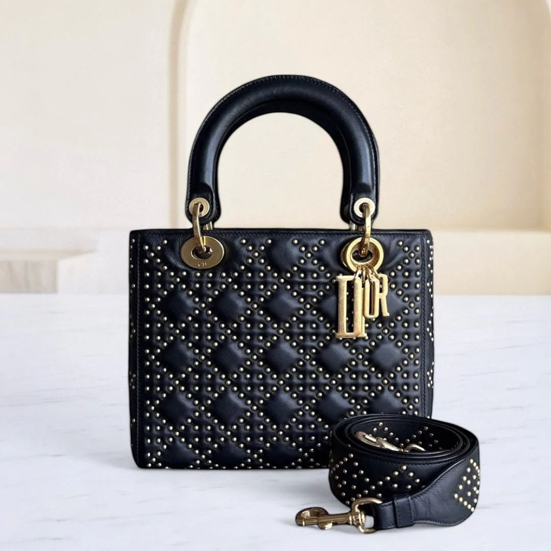 Dior Lady Medium Flap - Studded Cannage Calfskin Black Gold Hardware