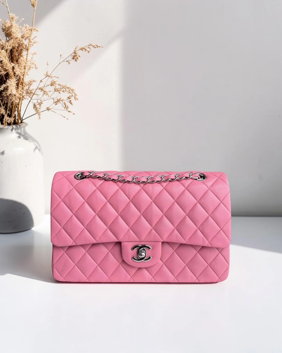 Chanel Classic Flap Medium - 25CM Quilted Lambskin Light Pink Silver Hardware Series 18