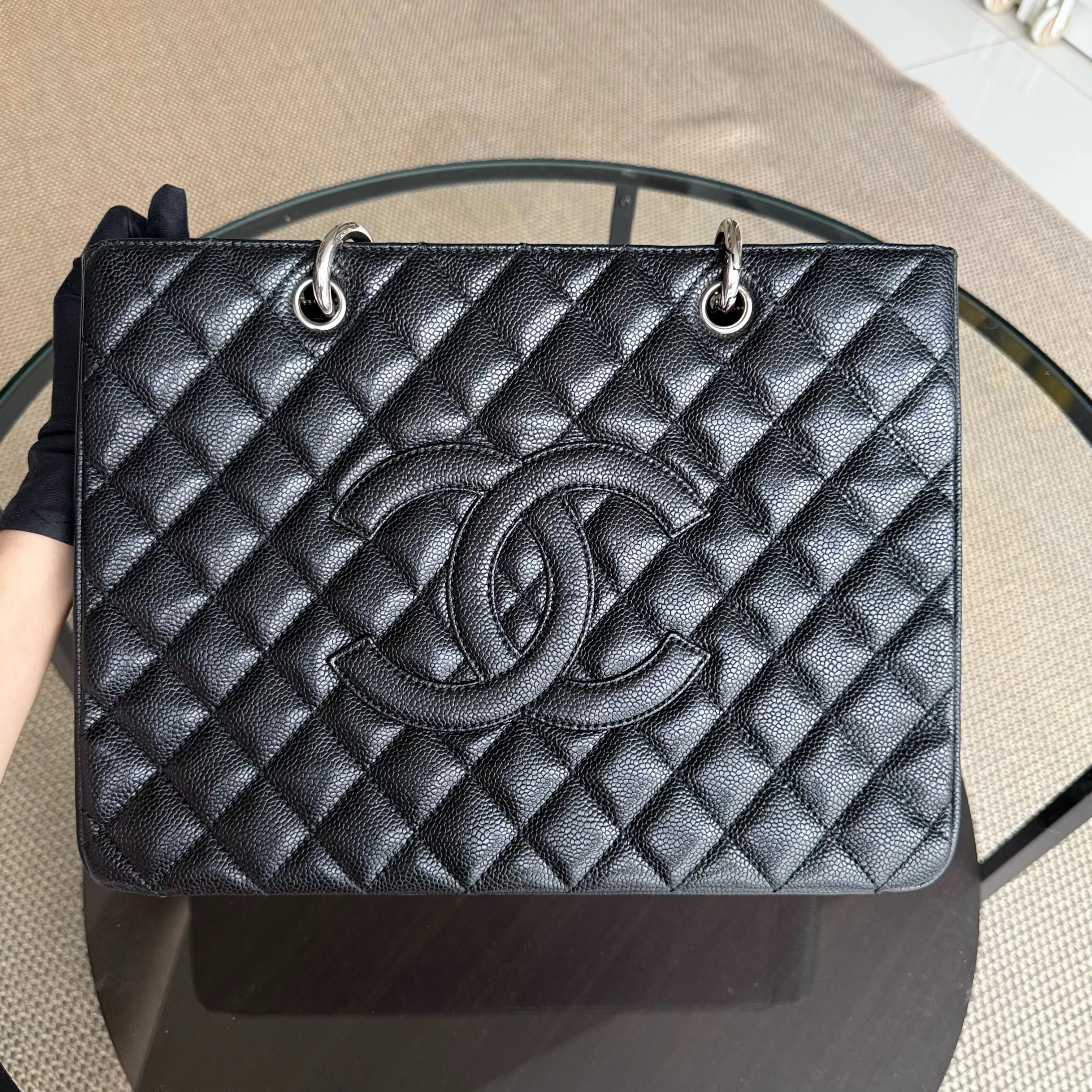Chanel GST Grand Shopping Tote - Caviar Quilted Grained Calfskin Black Silver Hardware
