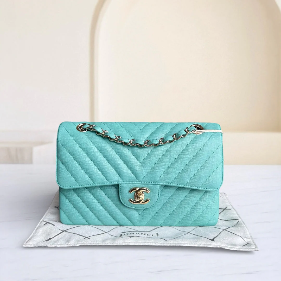 Chanel Classic Flap Small - Caviar 23CM Chevron Light Blue Tiffiny Blue Gold Hardware Series 27