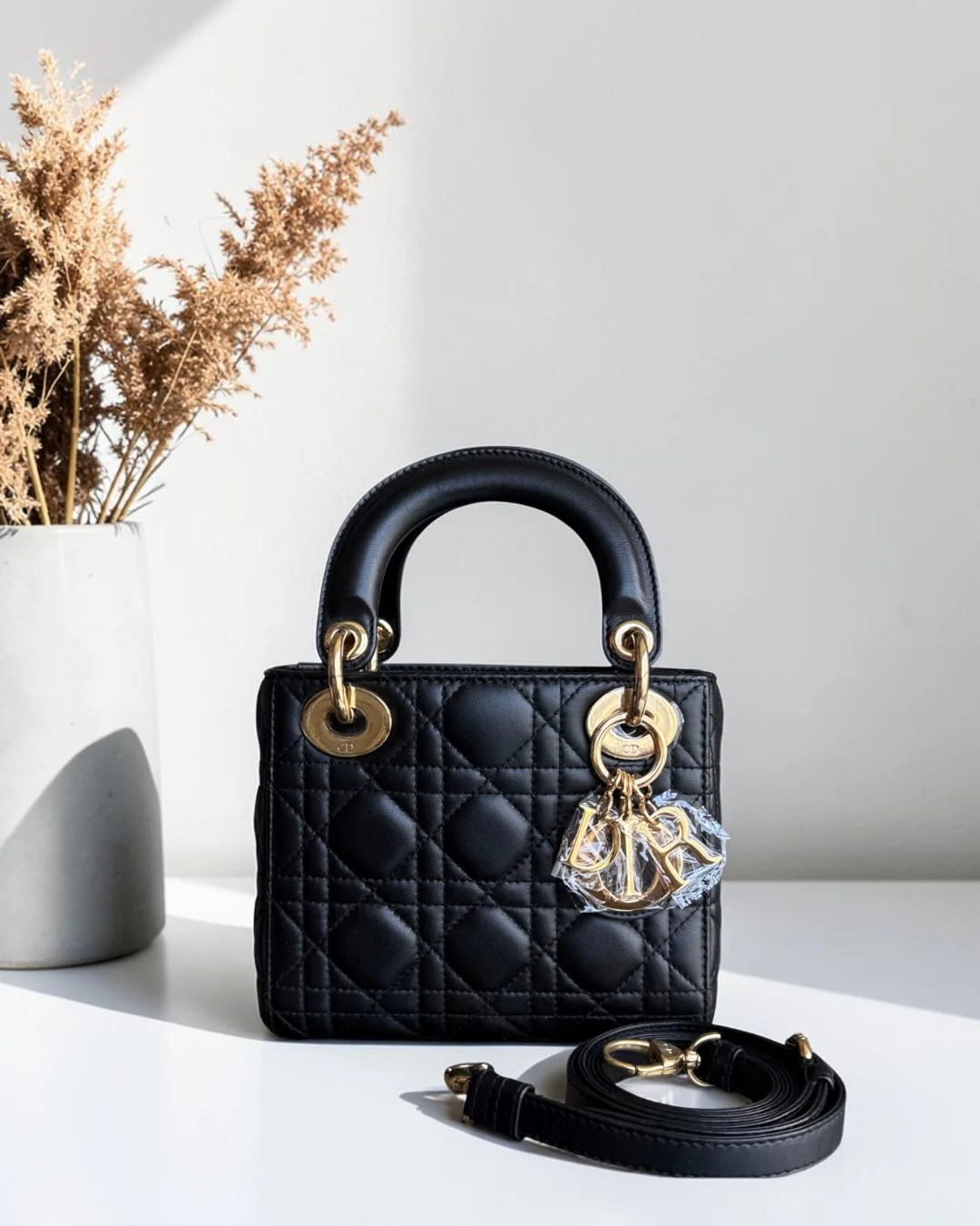 Dior Lady Mini - Cannage Lambskin Black Gold Hardware Adjustable Strap
