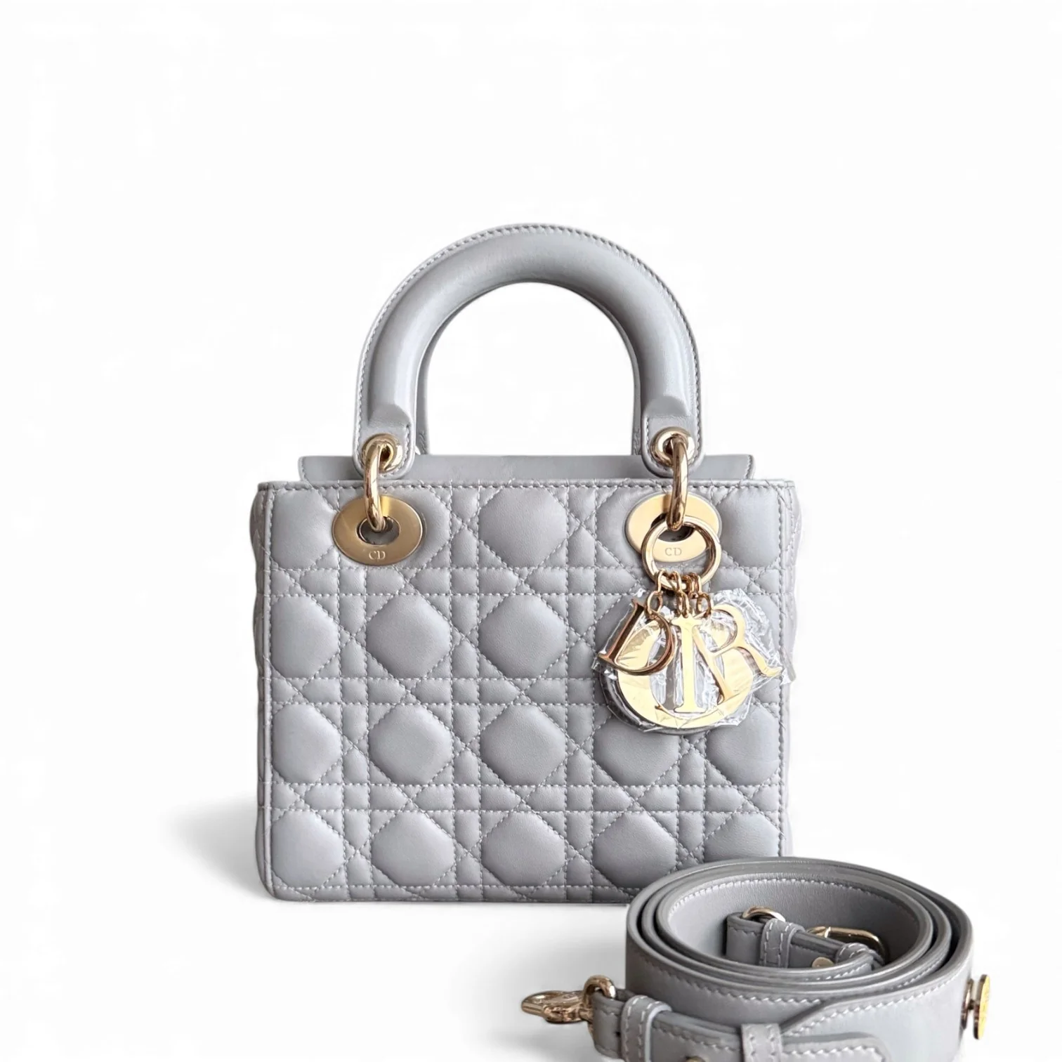 Dior Lady Small - Cannage Lambskin Light Grey Gray Gold Hardware