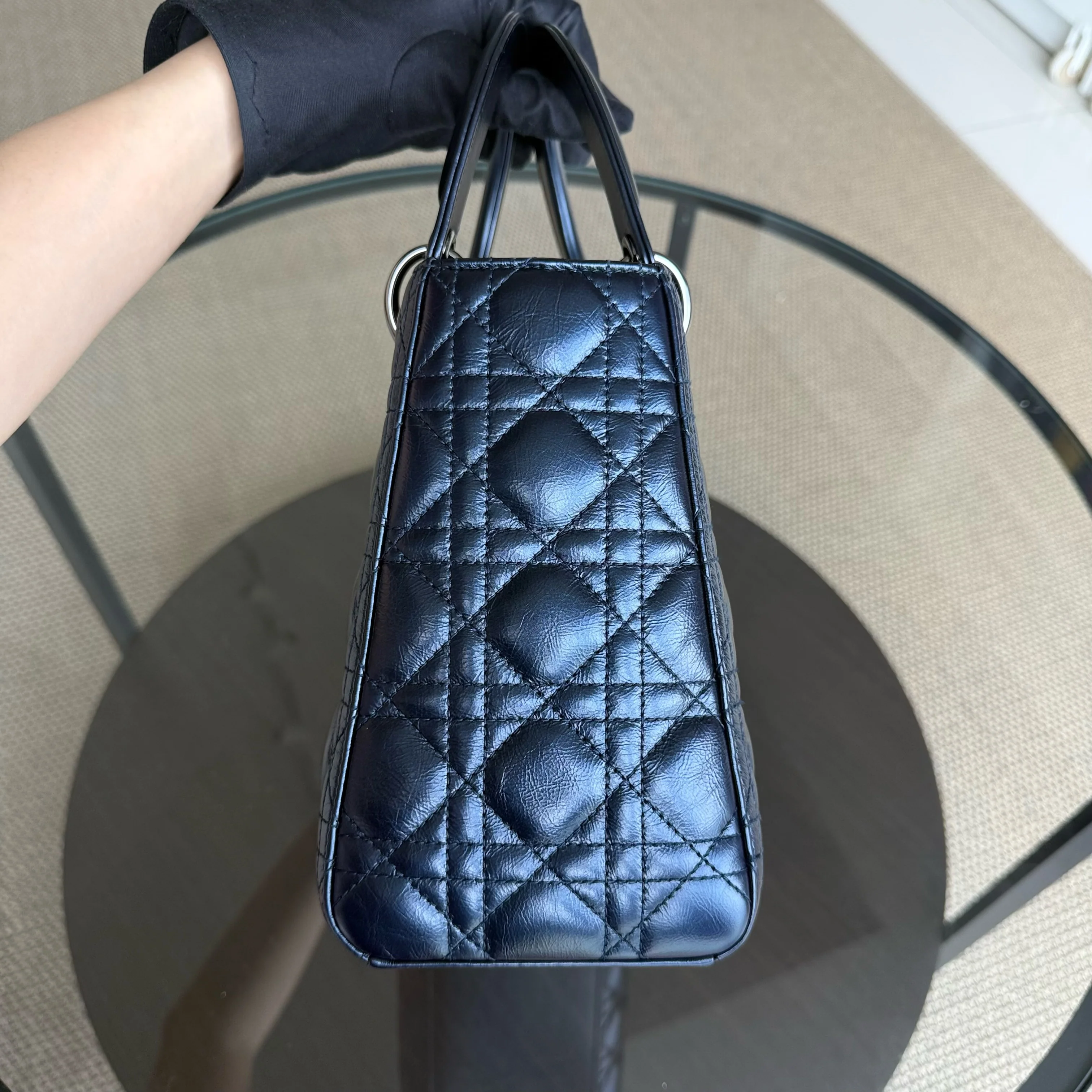 Dior Lady Medium Cannage Glazed Calfskin Dark Blue Silver Hardware