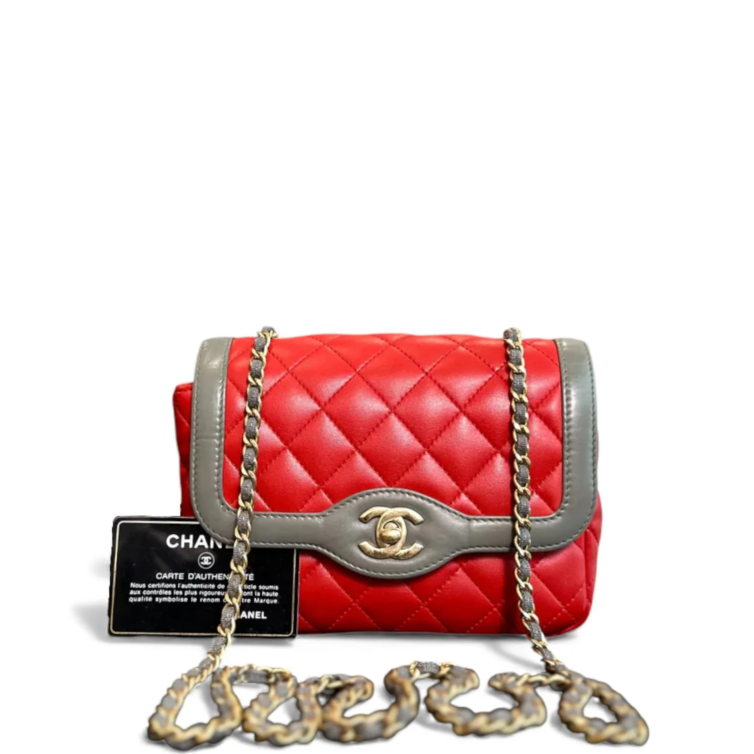 Chanel Seasonal Flap Two-Tone Quilted Lambskin Red Grey GHW No 23