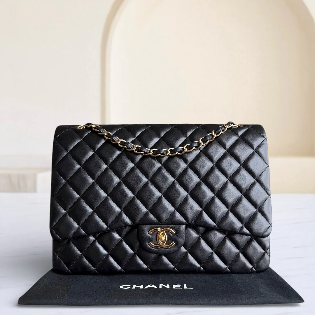 Chanel Classic Flap Maxi - Double Flap Quilted Lambskin Black Gold Hardware