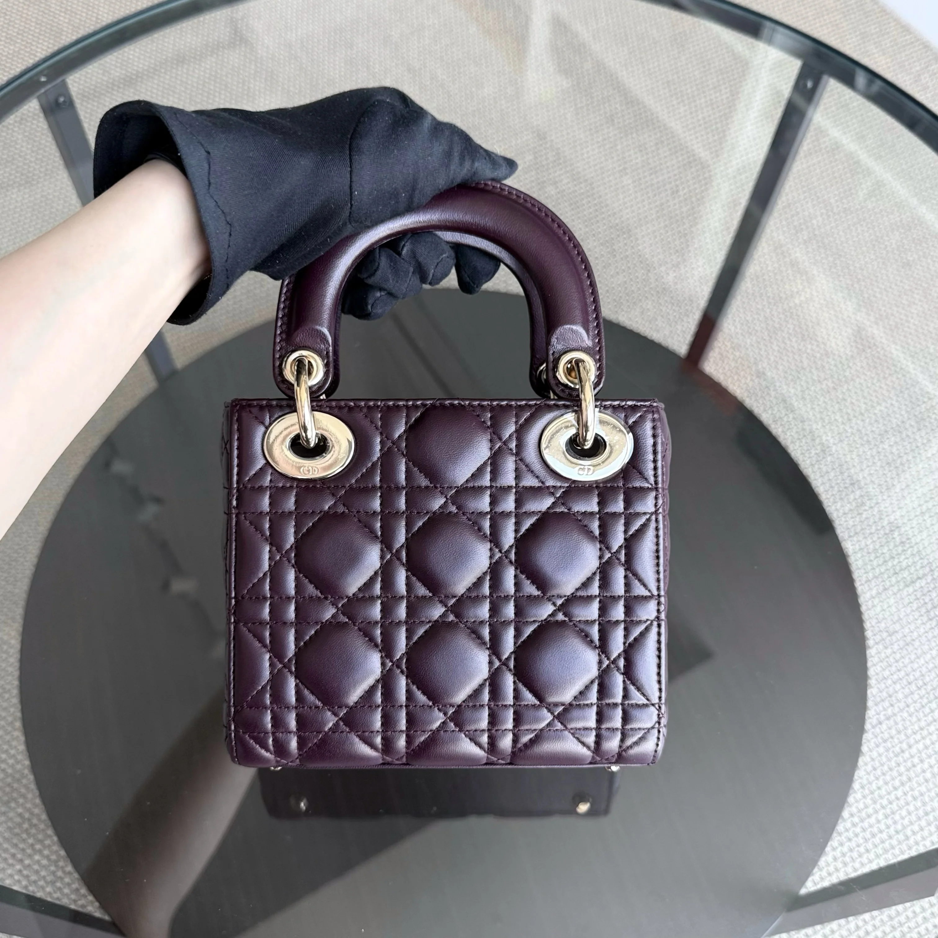 Dior Lady Mini - Cannage Lambskin Wine Burgundy Gold Hardware Chain Strap