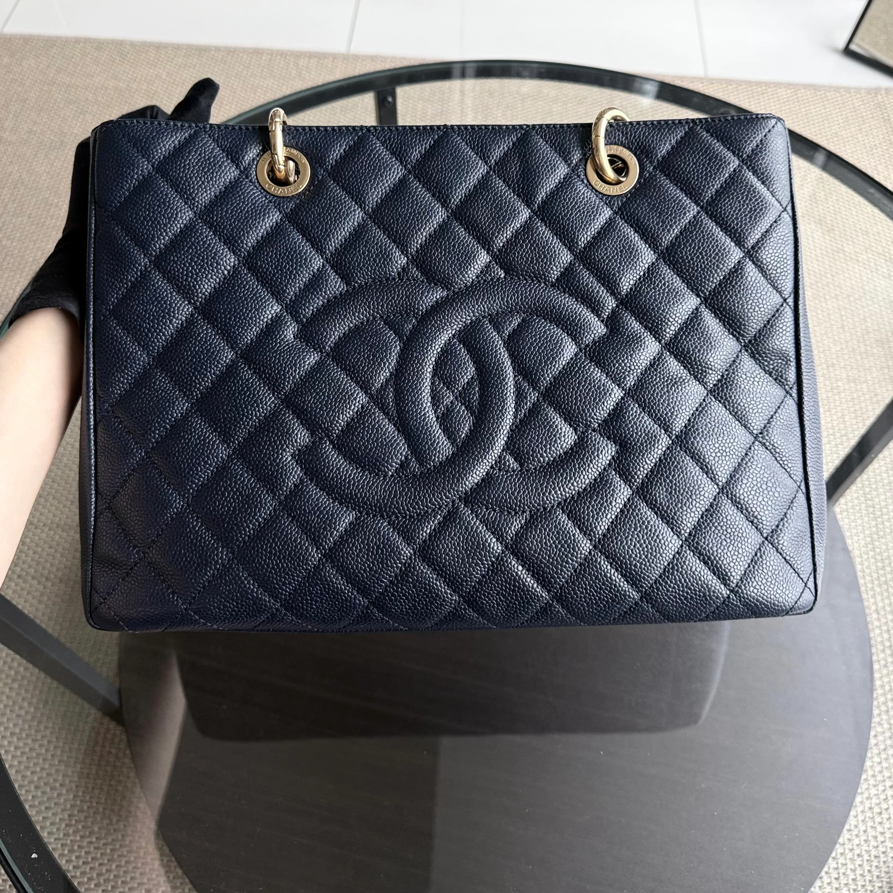 Chanel GST Grand Shopping Tote - Caviar Quilted Grained Calfskin Dark Navy Blue Gold Hardware Series 19