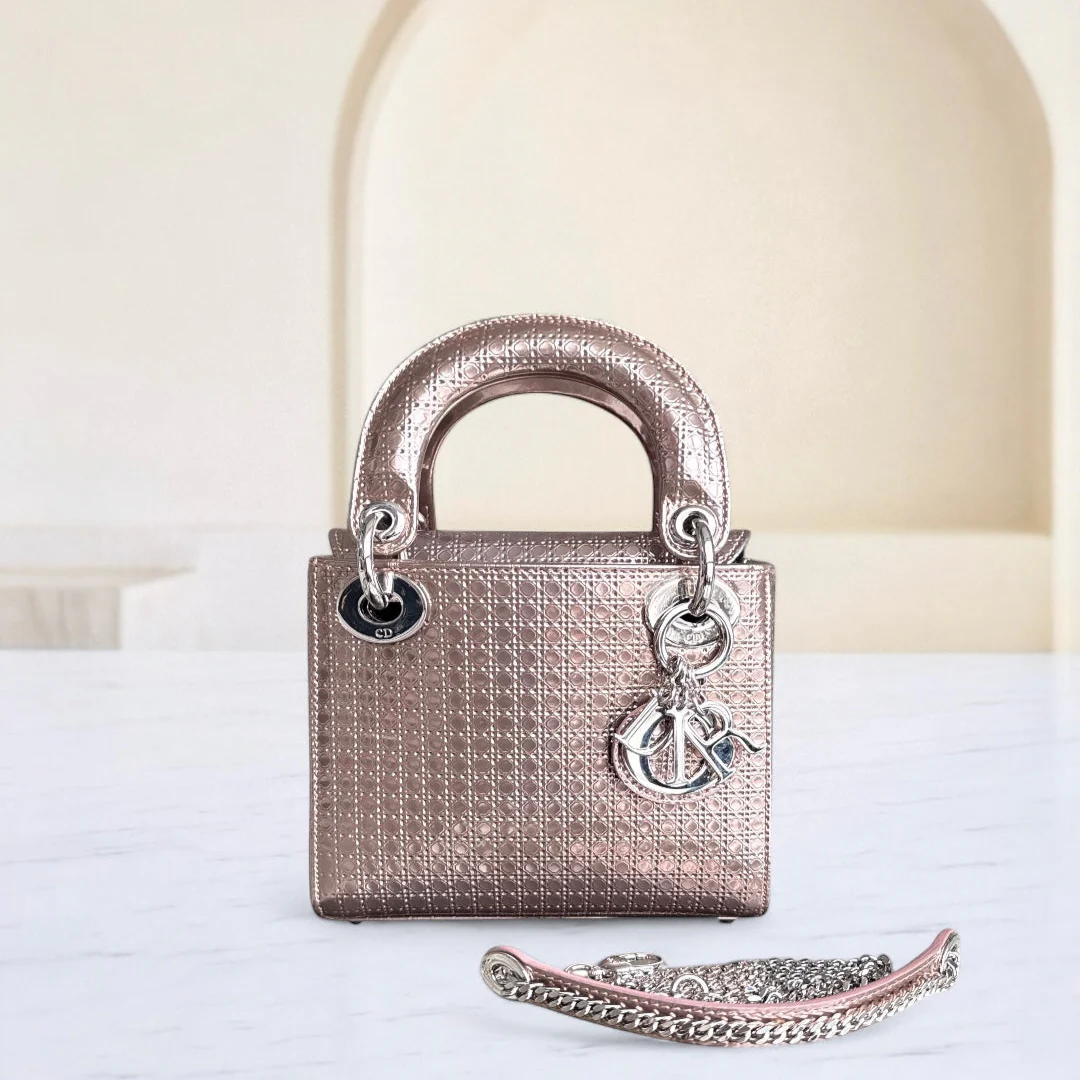 Dior Lady Mini - Calfskin Micro-Cannage Metallic Rose Gold Silver Hardware Chain Strap