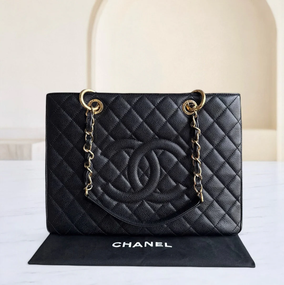 Chanel GST Grand Shopping Tote - Caviar Quilted Grained Calfskin Black Gold Hardware