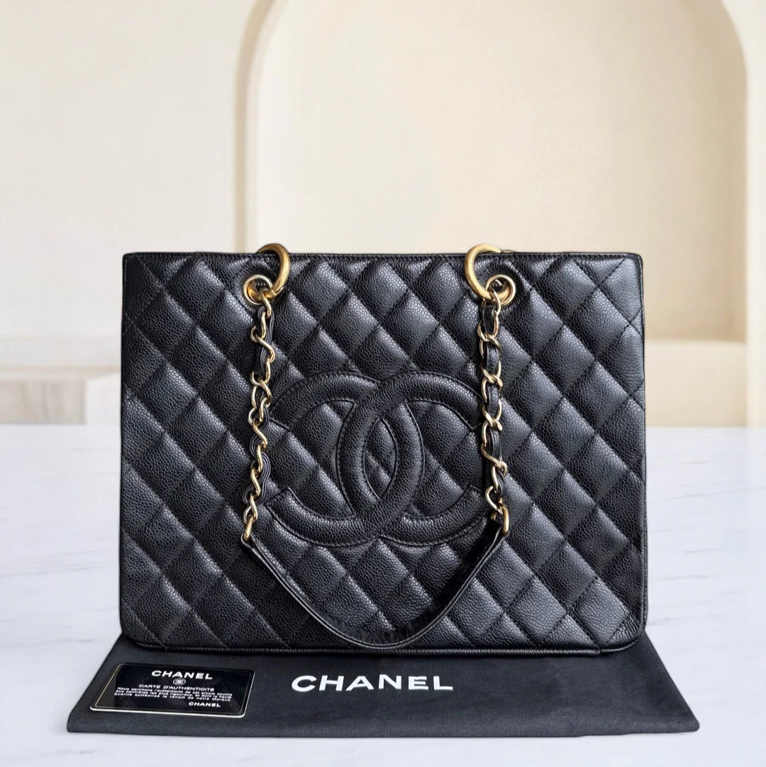 Chanel GST Grand Shopping Tote - Caviar Quilted Grained Calfskin Black Gold Hardware Series 13
