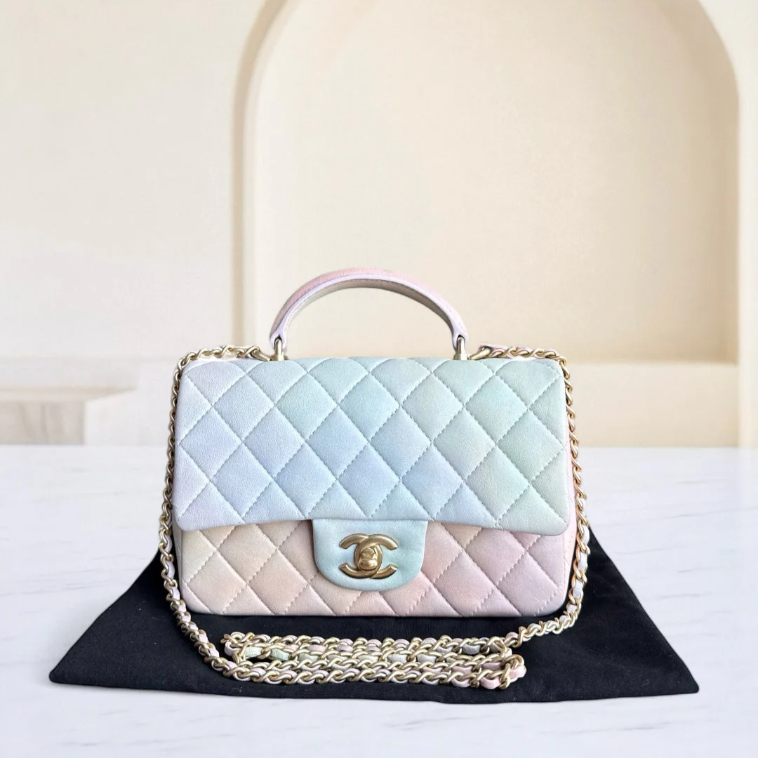 Chanel Classic Flap Mini Top Handle -Quilted Lambskin Ombre Rainbow Gold Hardware Microchip