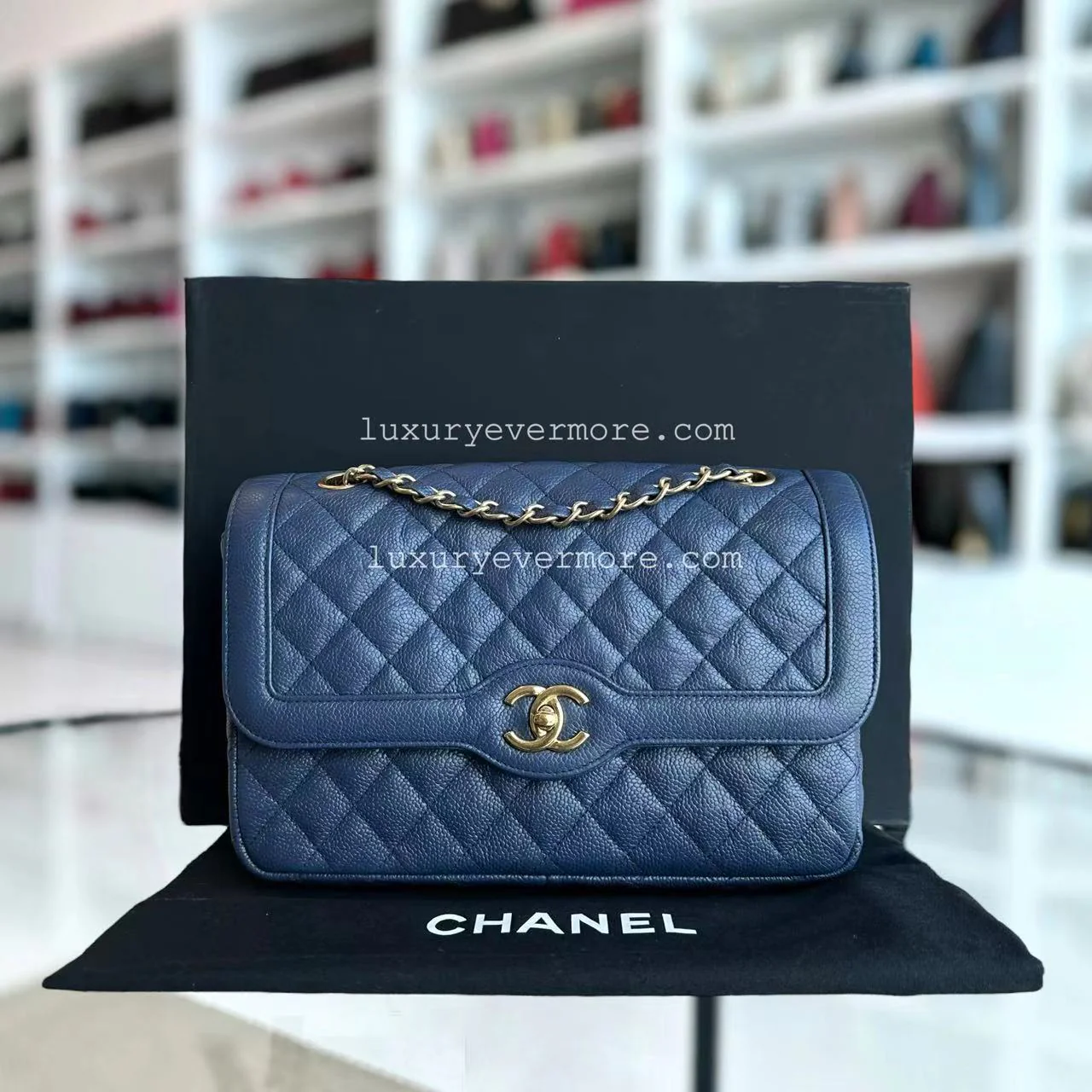 Crumpled Two Tone Flap Grained Calfskin Navy Blue Golden Hardware Series 21