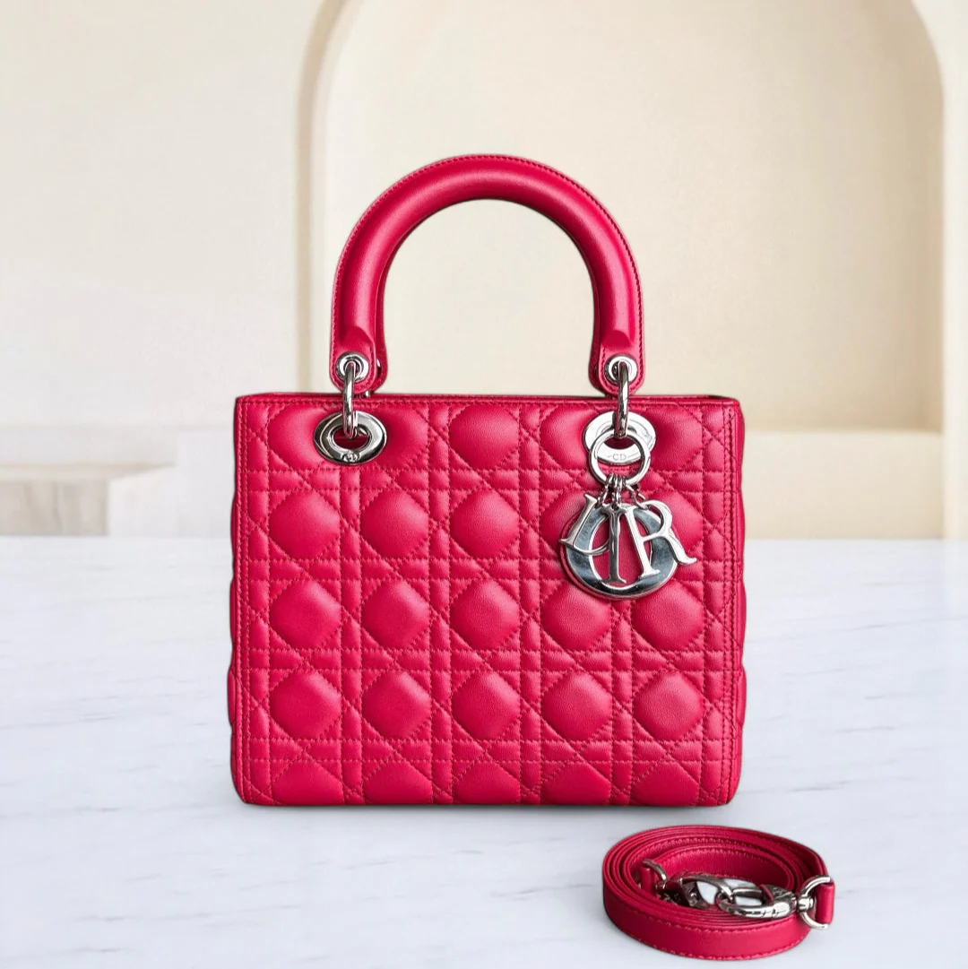Dior Lady Medium - Cannage Lambskin Red Silver Hardware