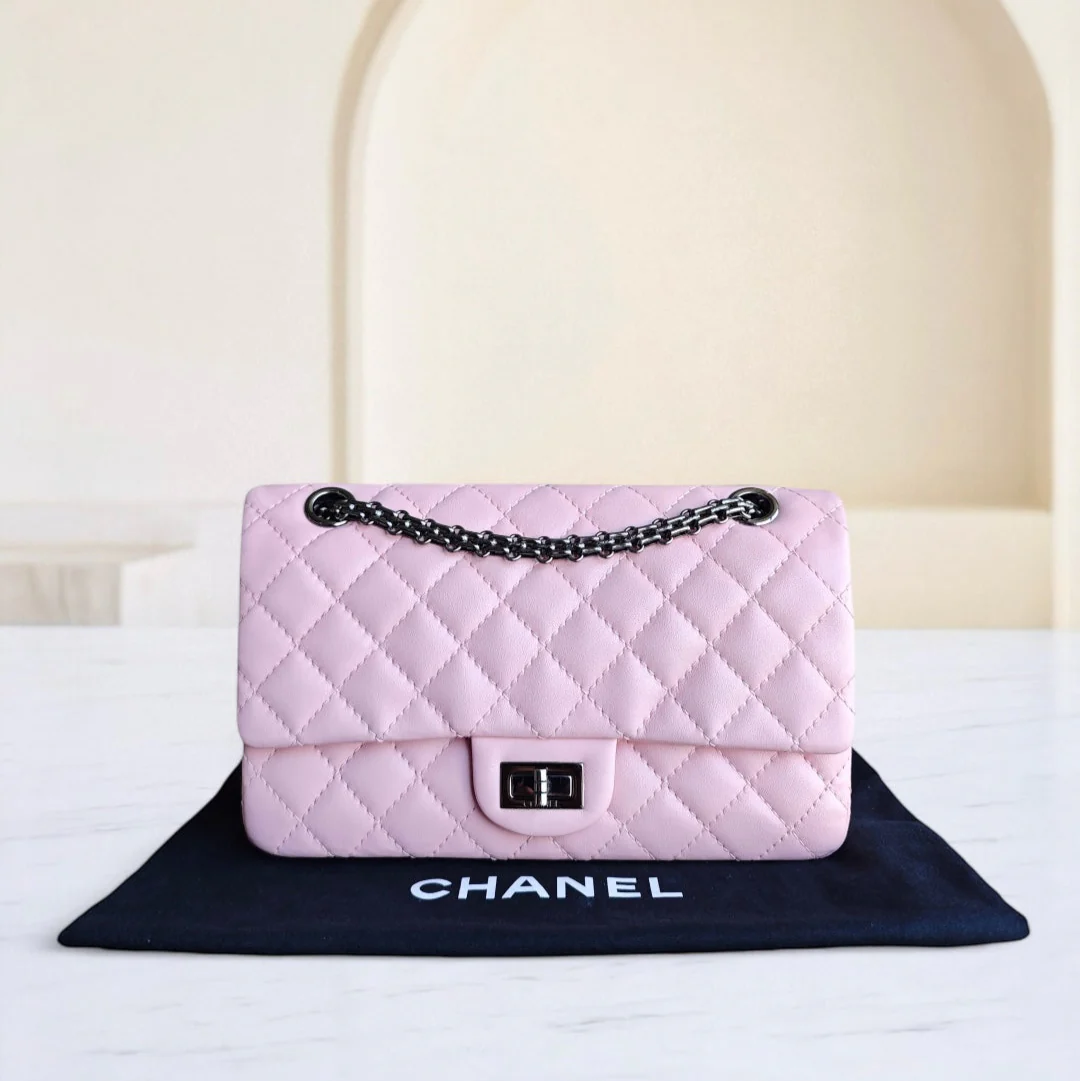 Chanel 2.55 Reissue 225 - 24CM Quilted Lambskin Sakura Light Pink Black Hardware Series 13