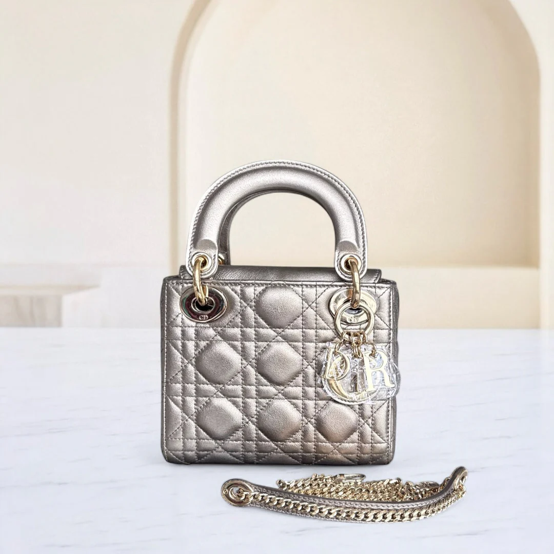 Dior Lady Mini - Cannage Calfskin Bronze Metallic Gold Hardware Chain Strap