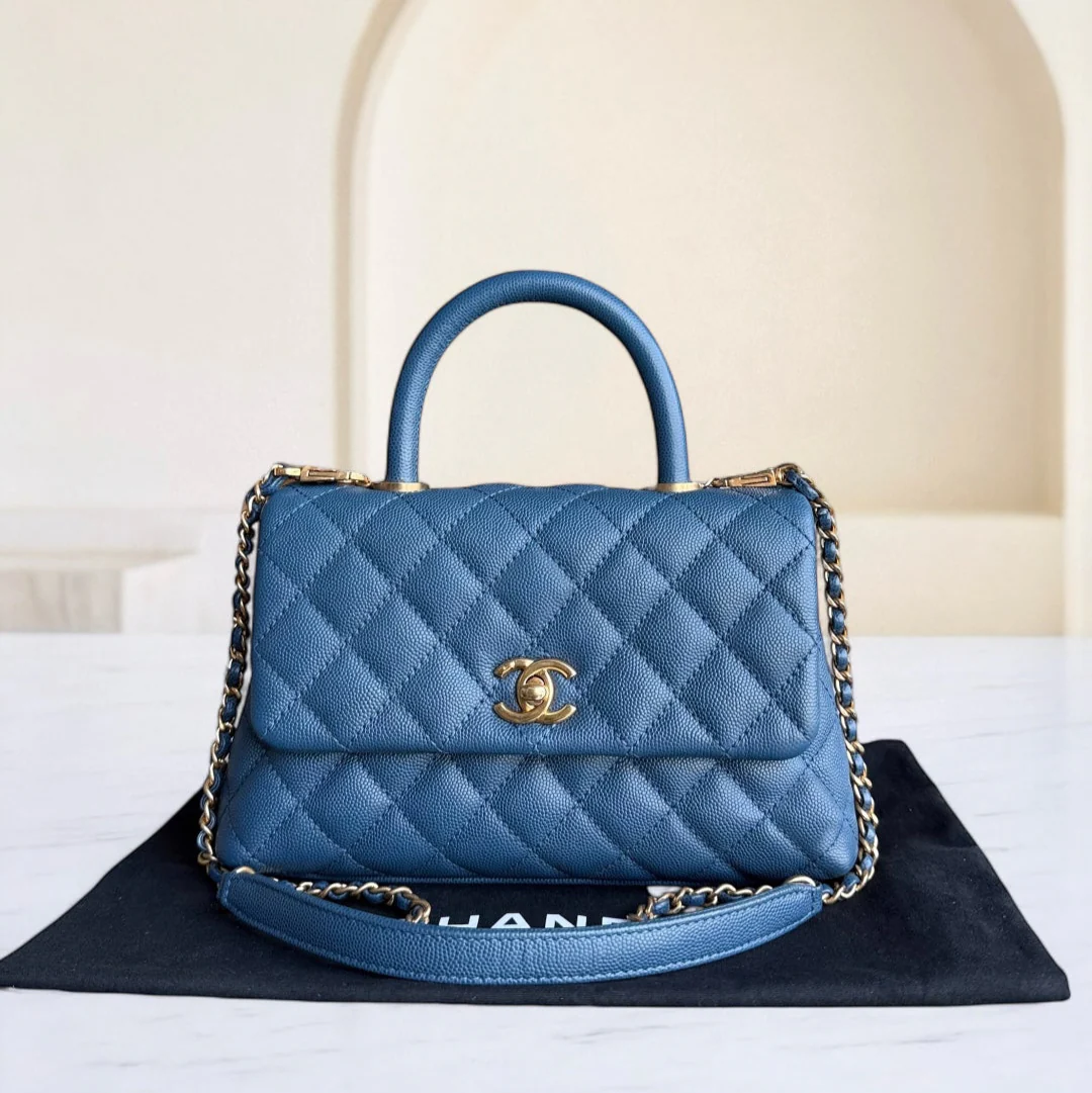 Chanel Coco Handle Small - Caviar Quilted Grained Calfskin Blue Gold Hardware Series 24