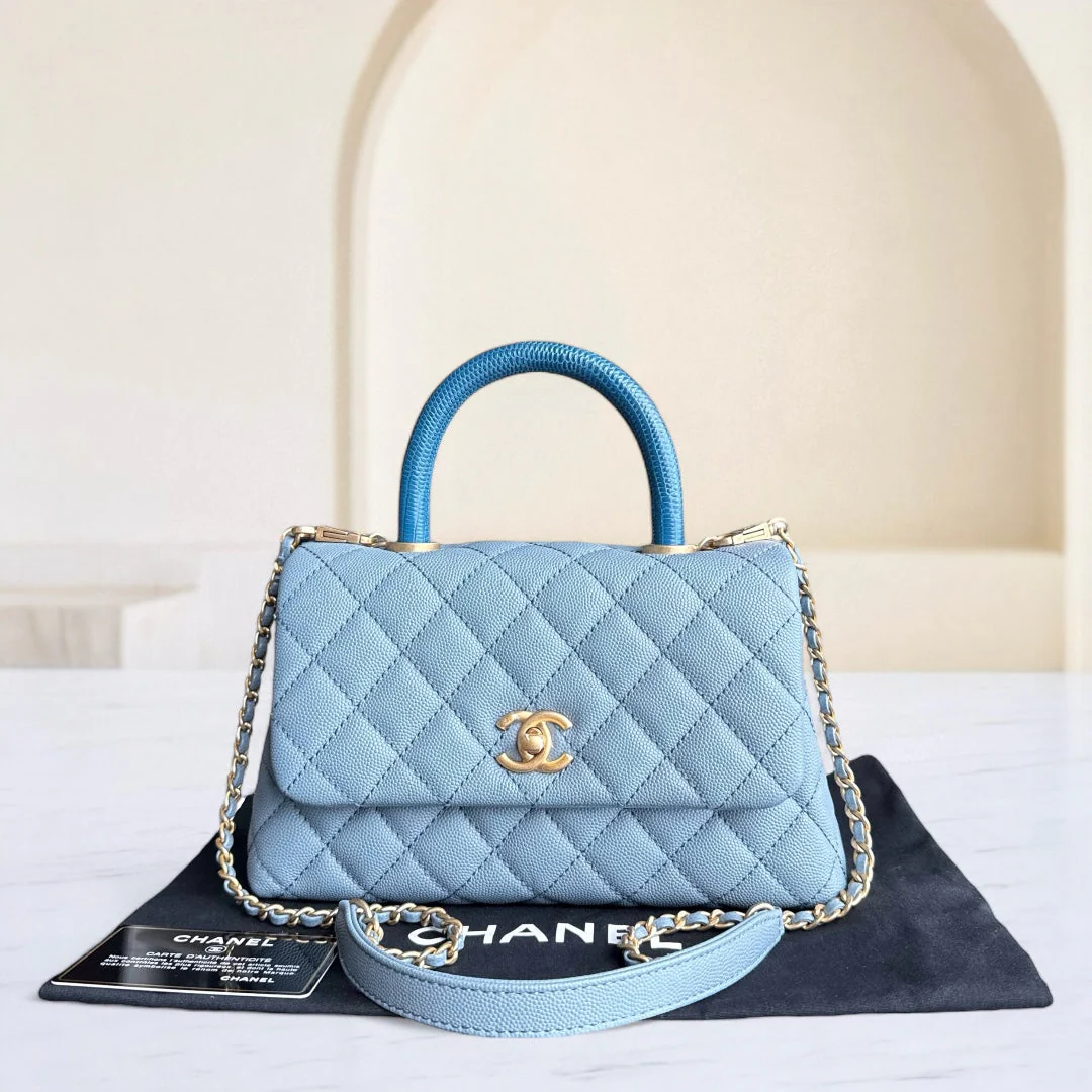 Chanel Coco Handle Small - Caviar 25CM Quilted Grained Calfskin Light Sky Blue Gold Hardware Series 27