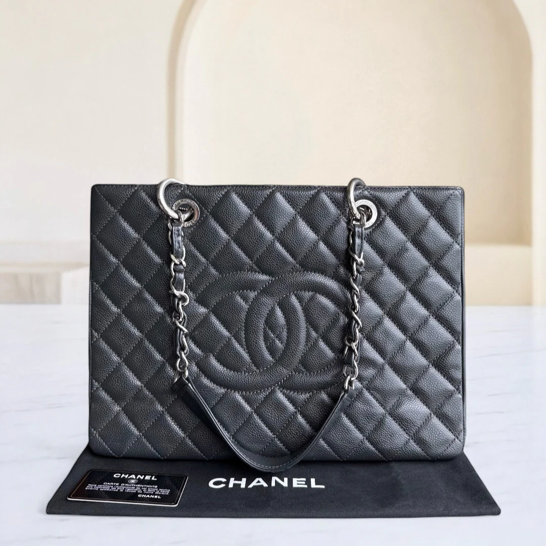 Chanel GST Grand Shopping Tote - Caviar Quilted Grained Calfskin Grey Gray Silver Hardware Series 18
