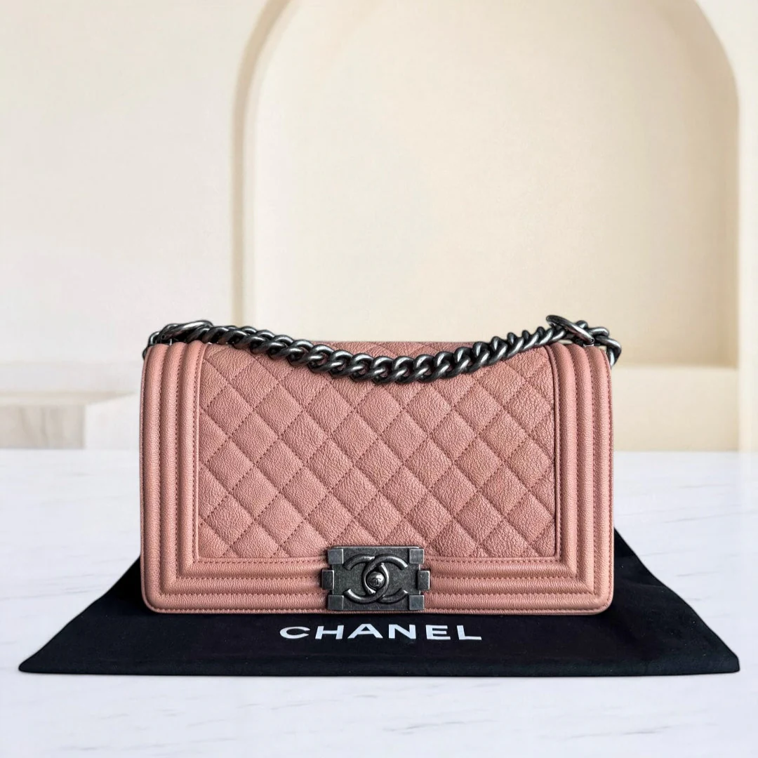 Chanel Boy Medium - Caviar 25CM Quilted Nude Blush Caramel Ruthenium Silver Hardware Series 26