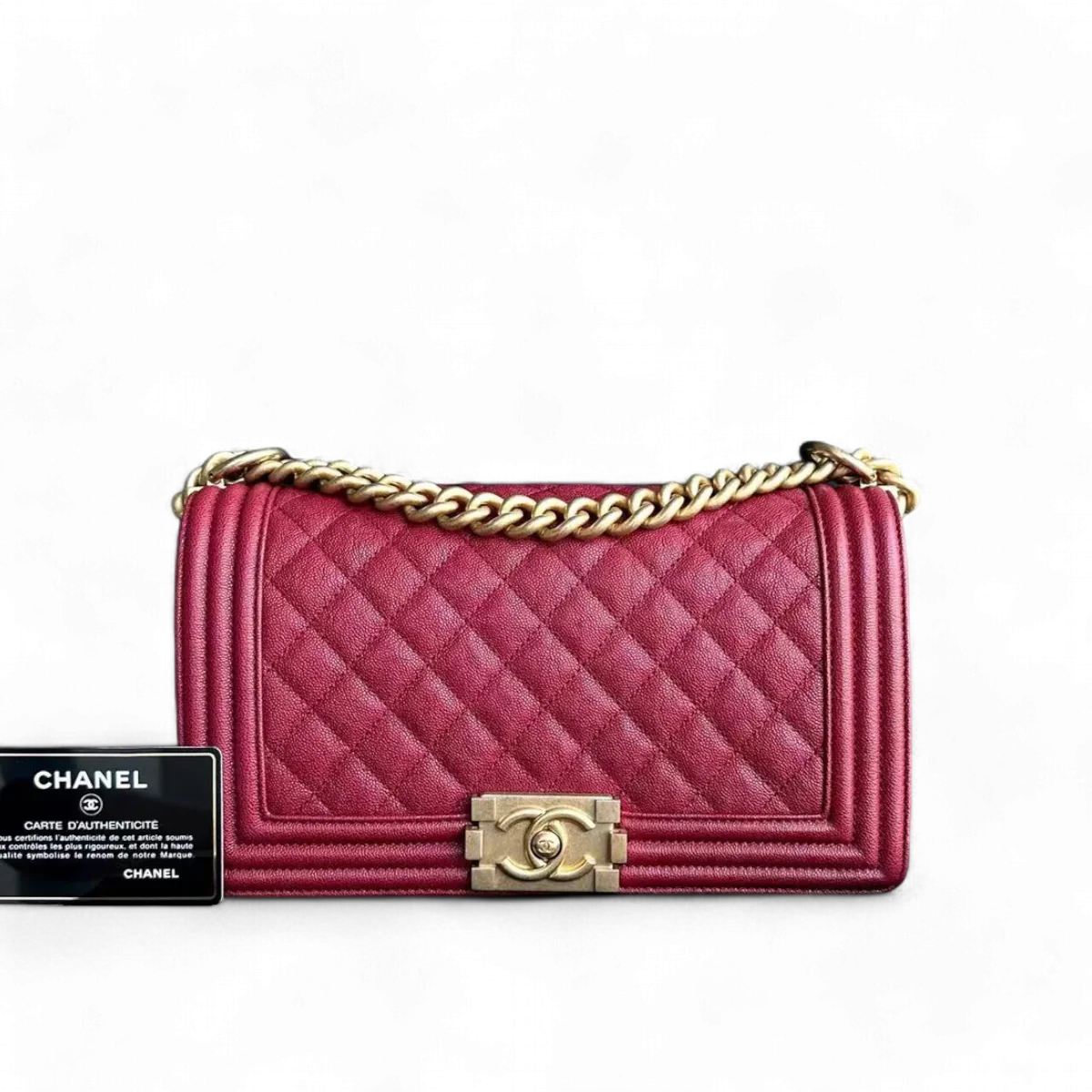 Chanel Boy Medium - Caviar 25CM Quilted Dark Red Golden Hardware Series 26