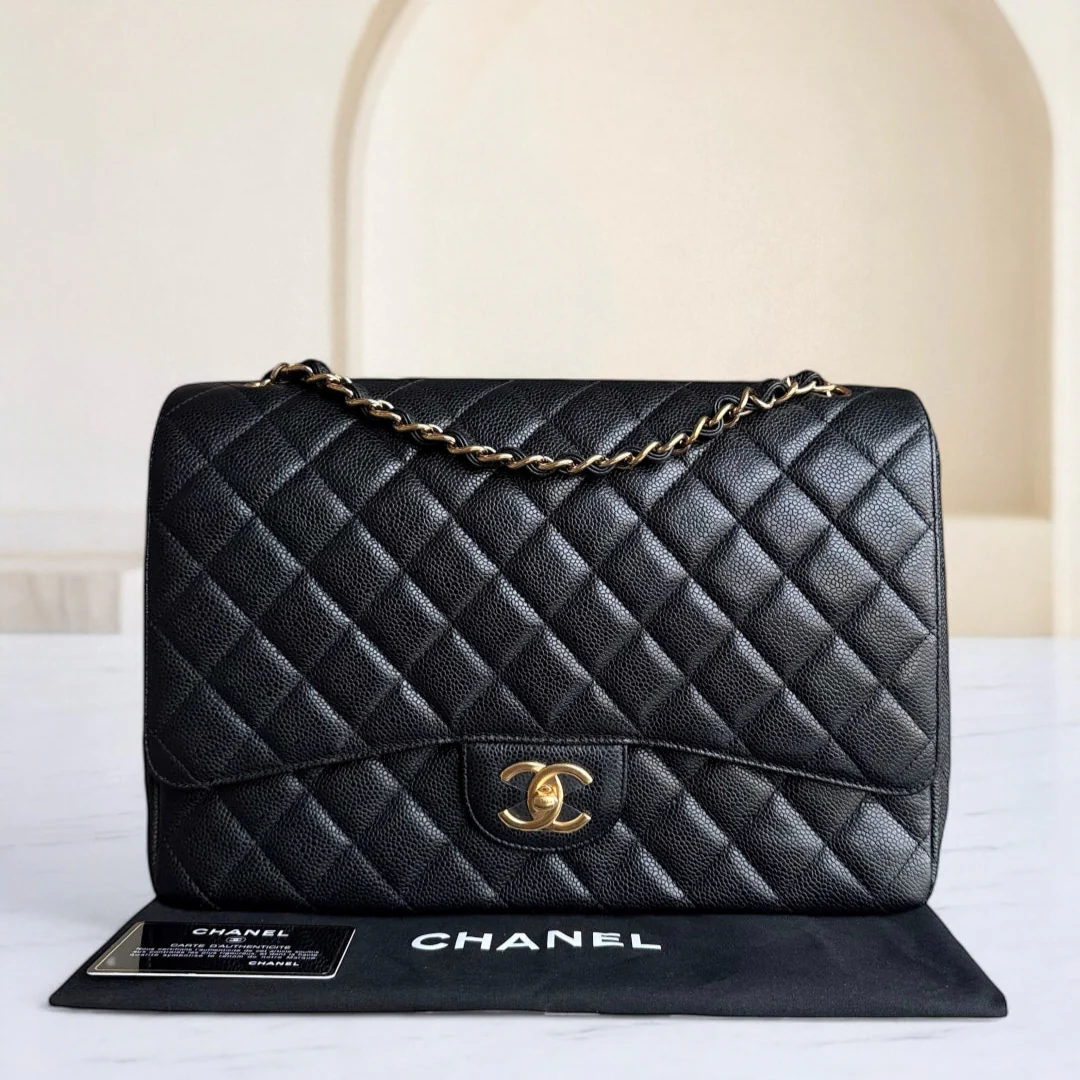 Chanel Classic Flap Maxi - Caviar 33CM Quilted Grained Calfskin Black Gold Hardware Series 19