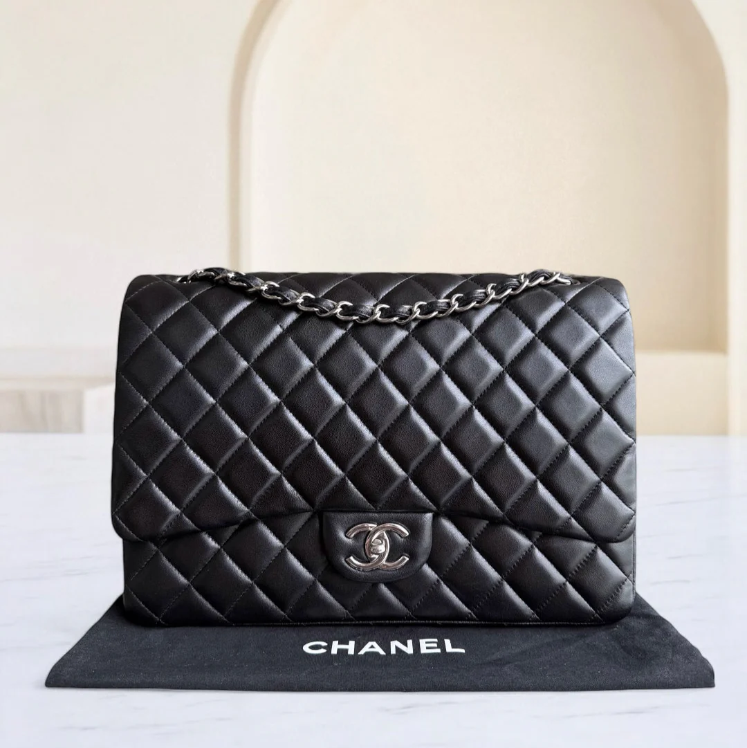 Chanel Classic Flap Maxi - Double Flap Quilted Lambskin Black Silver Hardware Series 15