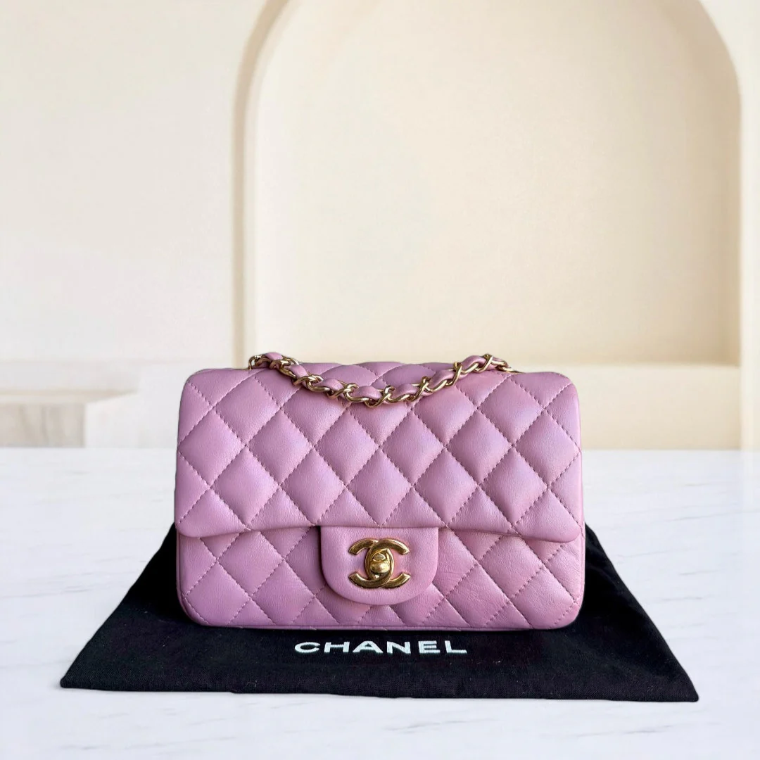 Chanel Classic Flap Mini Rectangle - 20CM Quilted Lambskin Light Pink Gold Hardware Series 21