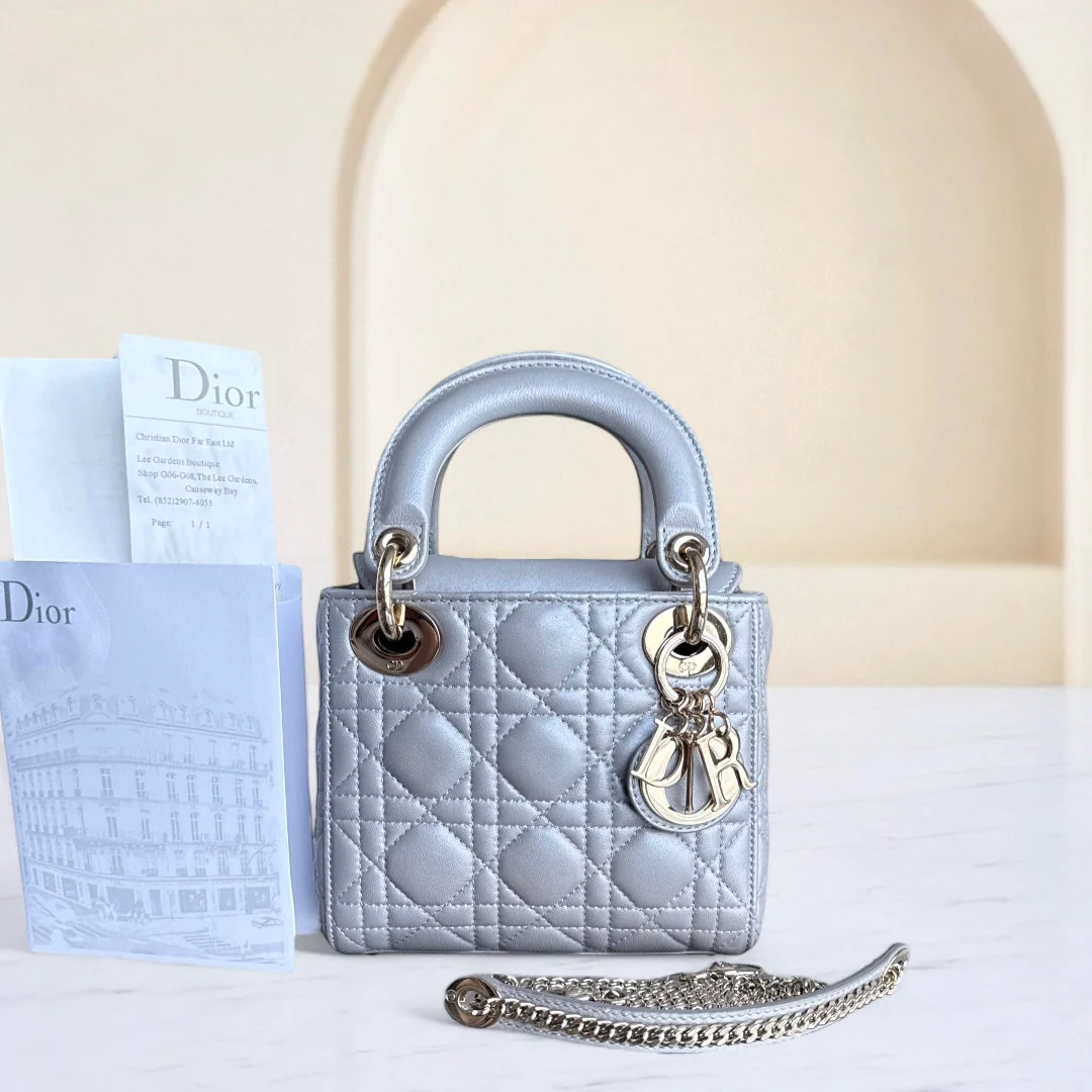 Dior Lady Mini - Cannage Lambskin Silver Gold Hardware Chain Strap
