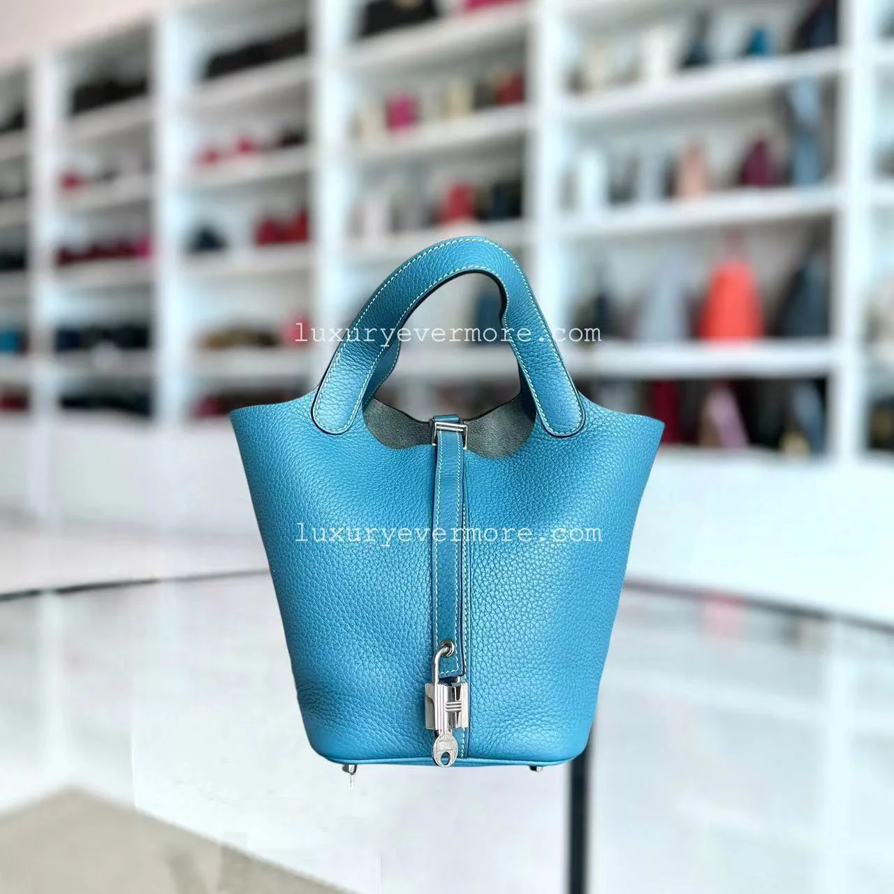 Hermes Picotin 18 - Blue Jean Mauve Pale Square R TC Clemence Silver Hardware