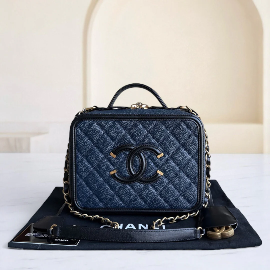 Chanel Filigree Vanity Case Medium - Caviar 21CM Grained Calfskin Dark Navy Blue Gold Hardware Series 24