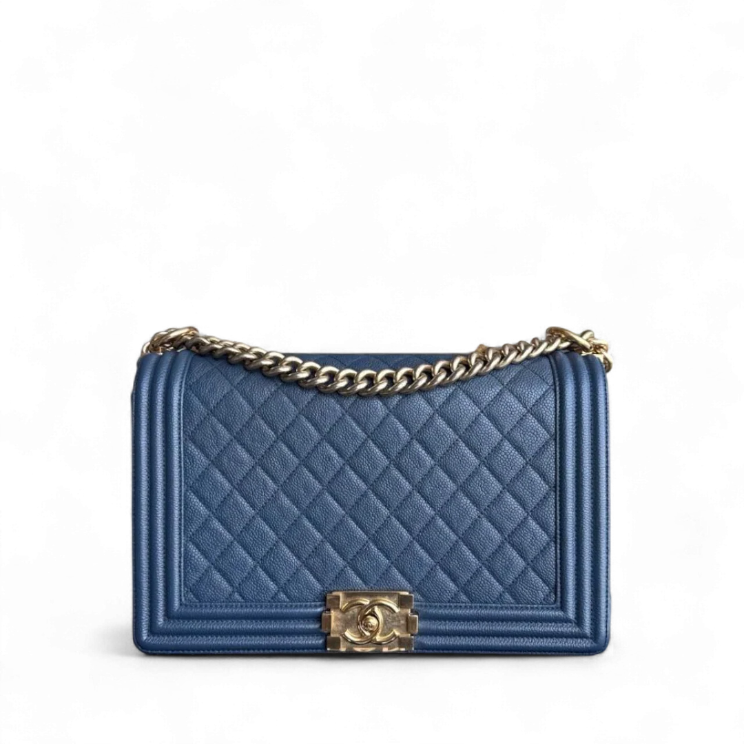 Chanel Boy New Medium - Caviar 28CM Quilted Grained Calfskin Blue Gold Hardware Series 23