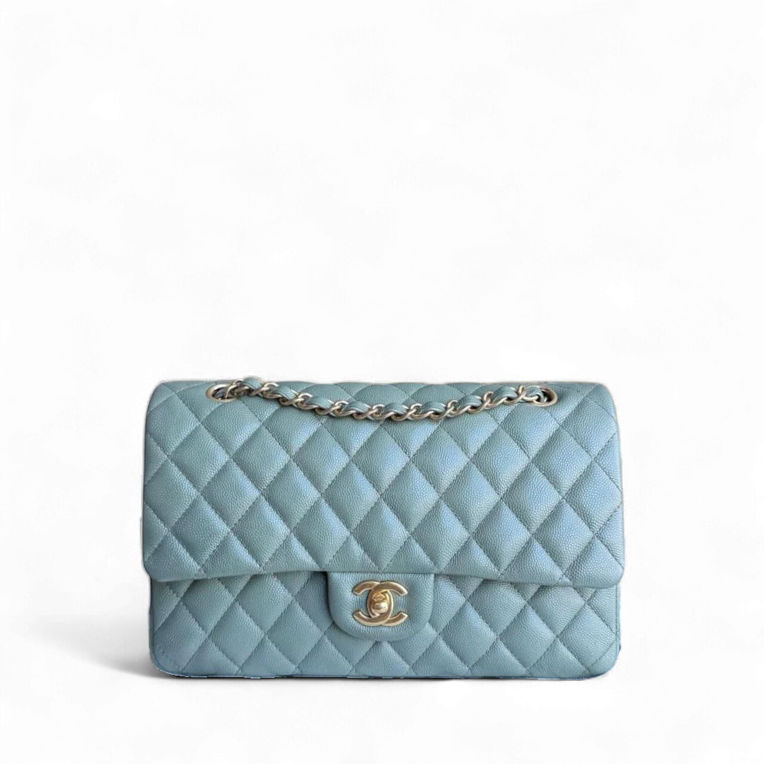 Chanel Classic Flap Medium - Caviar 25CM Quilted Grained Calfskin Light Blue Green Gold Hardware Series 25