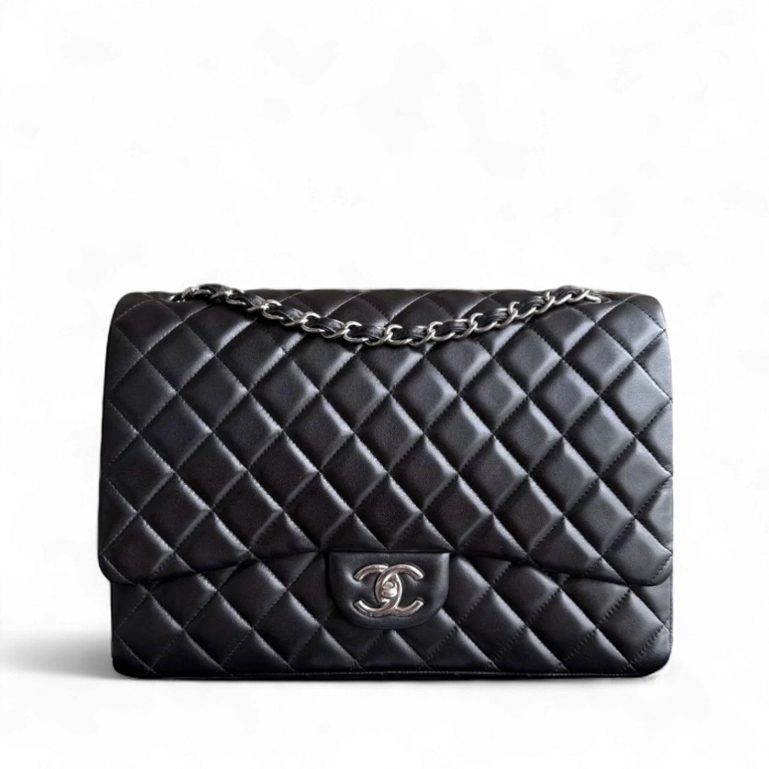 Chanel Classic Flap Maxi - Double Flap Quilted Lambskin Black Silver Hardware Series 15