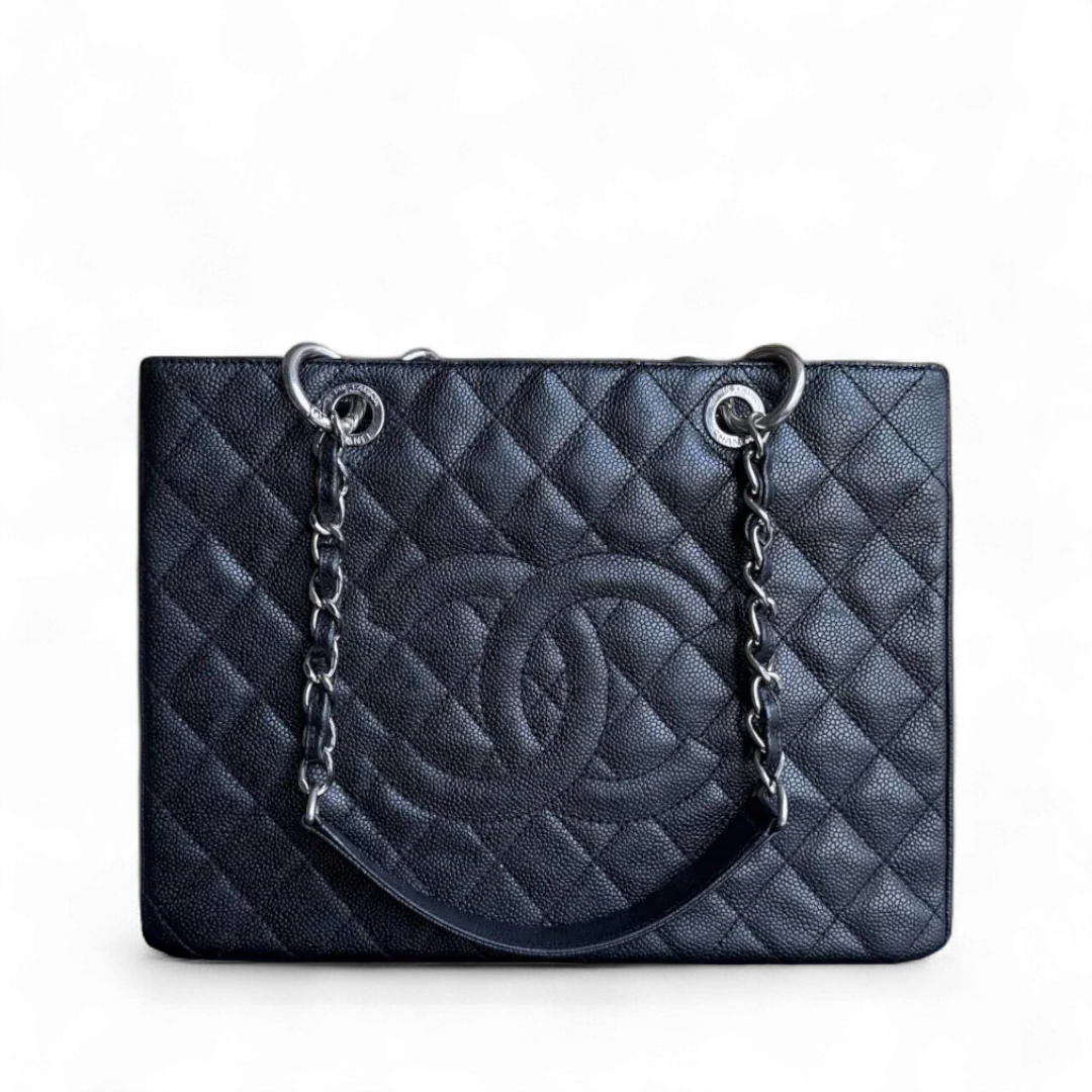 Chanel GST Grand Shopping Tote - Caviar Quilted Grained Calfskin Black Silver Hardware