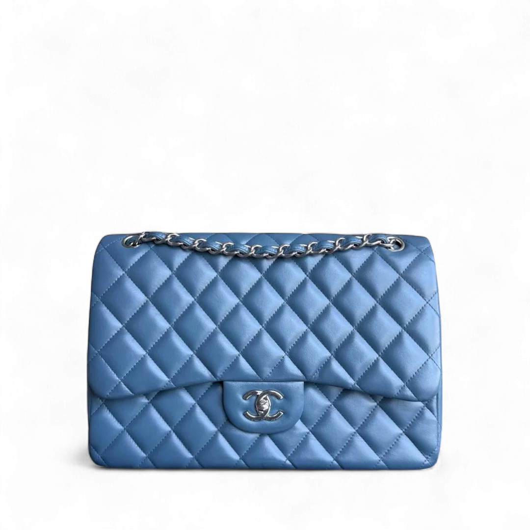 Chanel Classic Flap Jumbo - 30CM Lambskin Double Flap Blue Silver Hardware Series 17