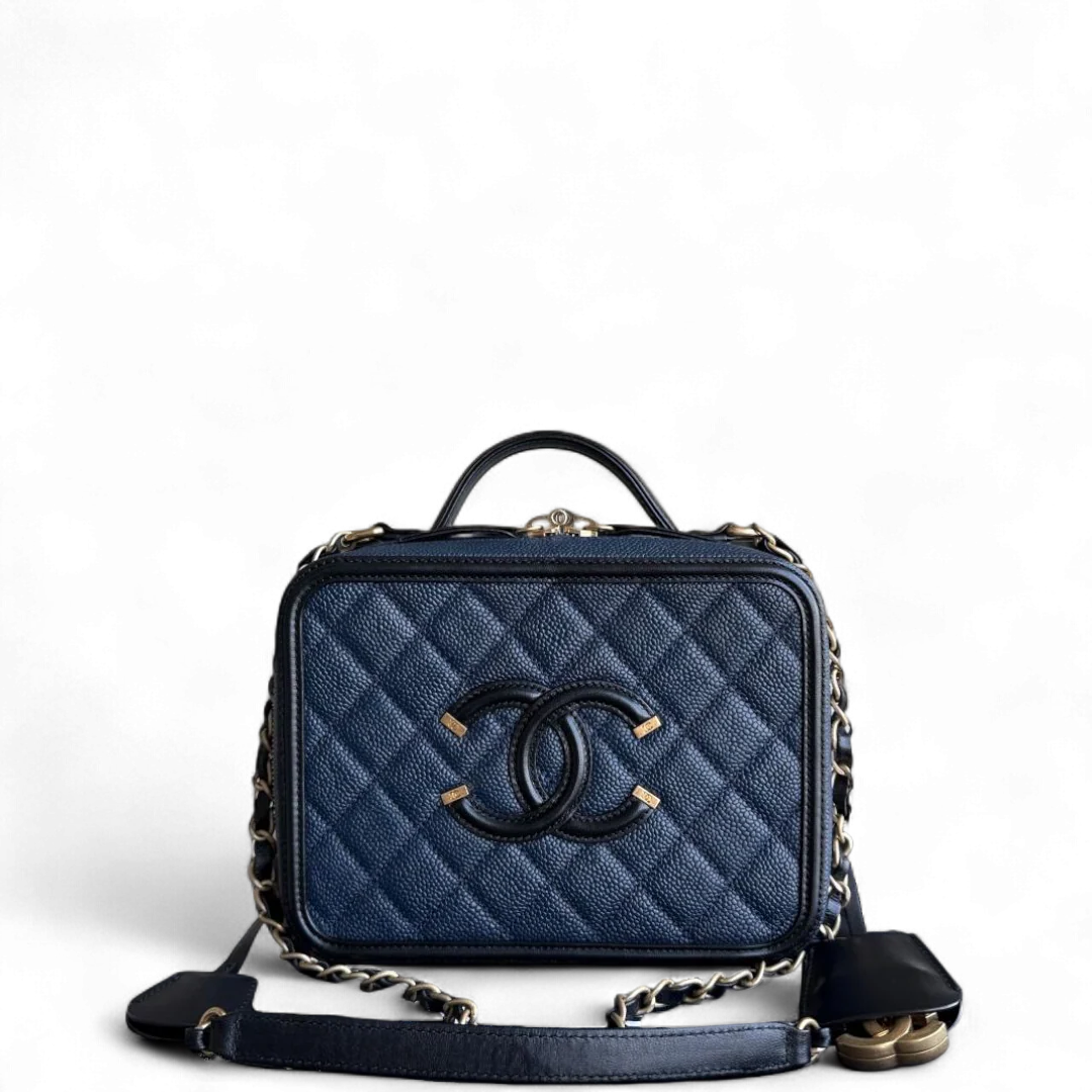 Chanel Filigree Vanity Case Medium - Caviar 21CM Grained Calfskin Dark Navy Blue Gold Hardware Series 24
