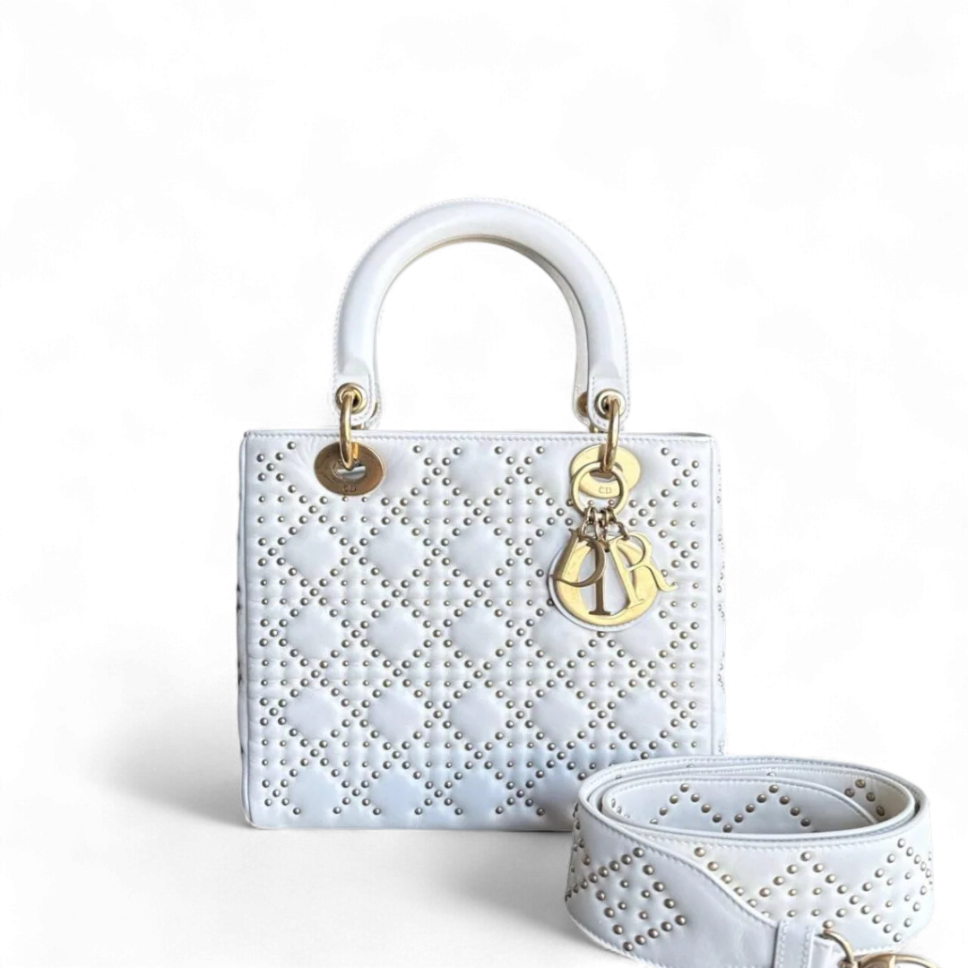 Dior Lady Medium - Cannage Calfskin Studded White Gold Hardware Zip Version