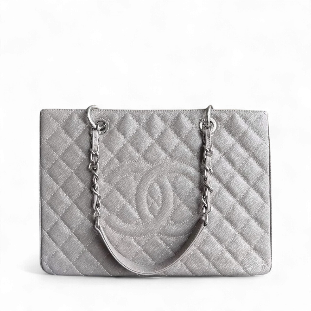 Chanel GST Grand Shopping Tote - Caviar Quilted Grained Calfskin Grey Gray Silver Hardware