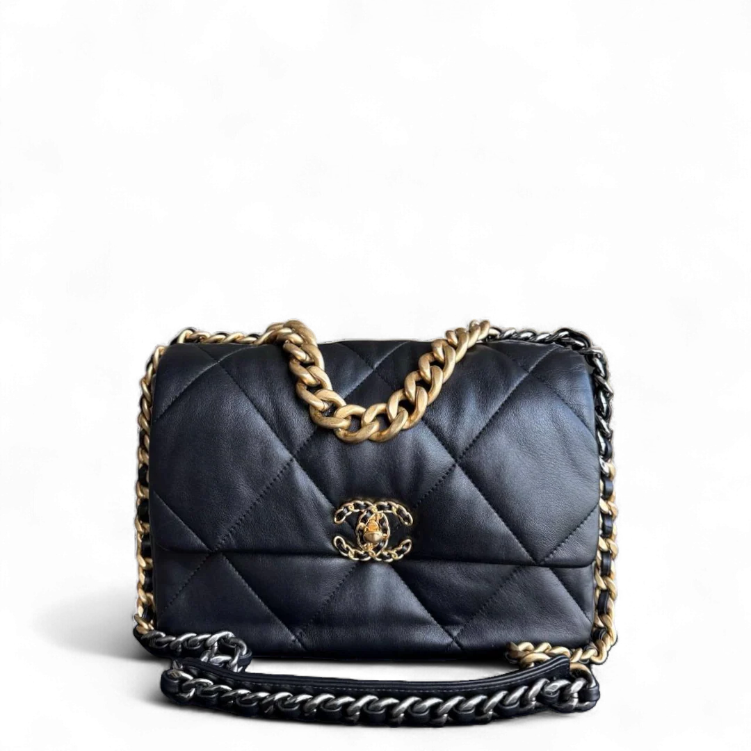 Chanel 19 Bag C19 Medium - Quilted Goatskin Black Two-Tone Gold Hardware Microchip