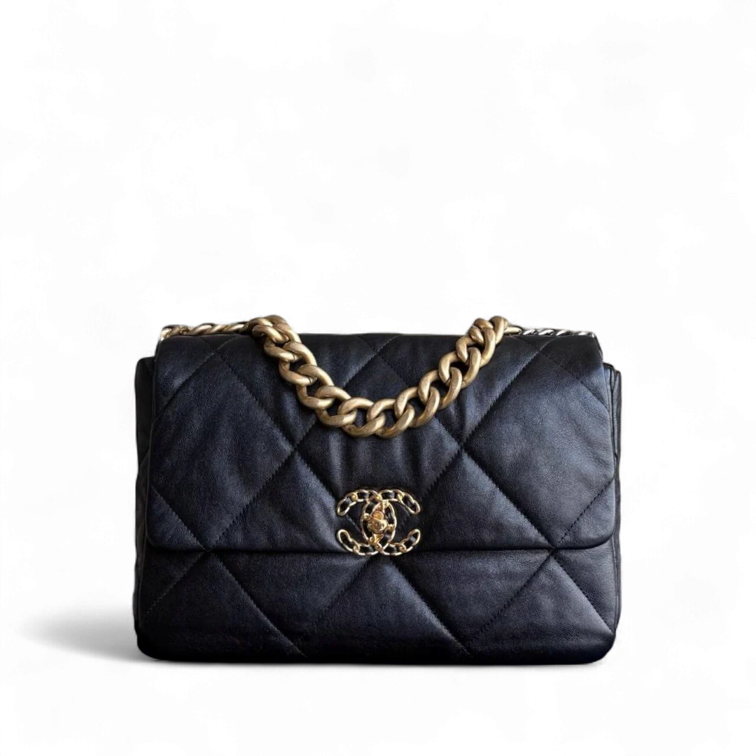 Chanel 19 Bag Medium - Quilted Goatskin Black Gold Hardware Two-tone Series 29