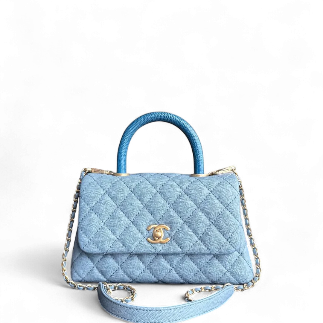 Chanel Coco Handle Small - Caviar 25CM Quilted Grained Calfskin Light Sky Blue Gold Hardware Series 27