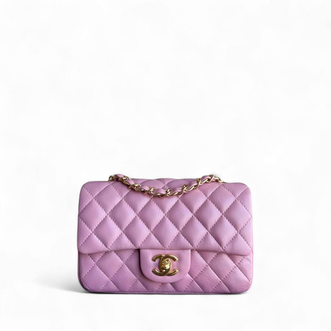 Chanel Classic Flap Mini Rectangle - 20CM Quilted Lambskin Light Pink Gold Hardware Series 21