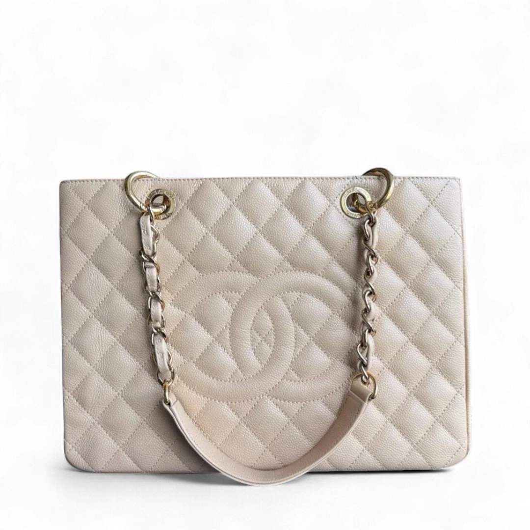 Chanel GST Grand Shopping Tote - Caviar Grained Calfskin Light Beige Gold Hardware Series 13