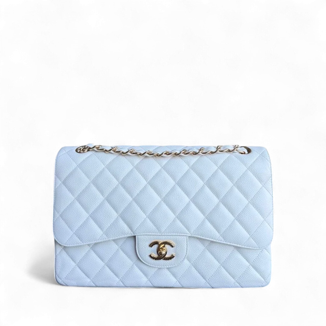 Chanel Classic Flap Jumbo - Caviar Double Flap Quilted Grained Calfskin White Gold Hardware Series 14