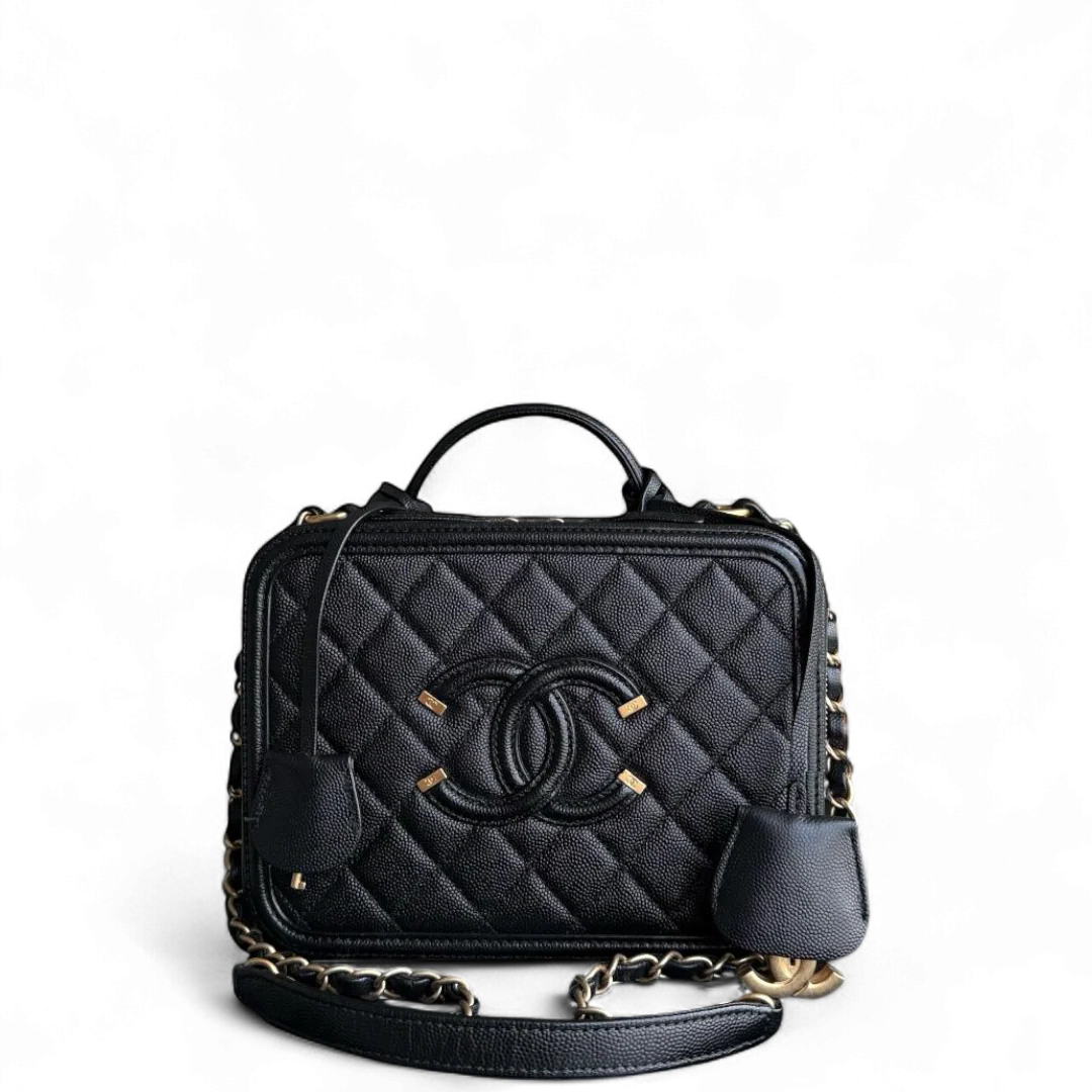 Chanel Filigree Vanity Case Medium - Caviar Quilted Grained Calfskin Black Gold Hardware Series 27