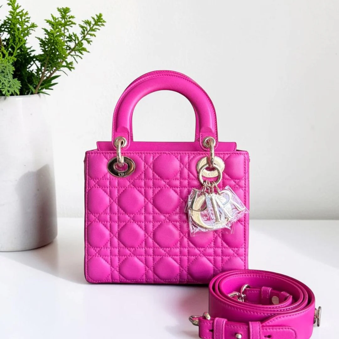 Dior Lady Small Flap - Cannage Lambskin Barbie Pink Gold Hardware