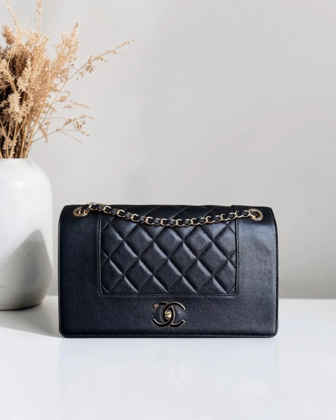 Chanel Seasonal Flap Mademoiselle - 28CM Quilted Lambskin Black Gold Hardware Series 23