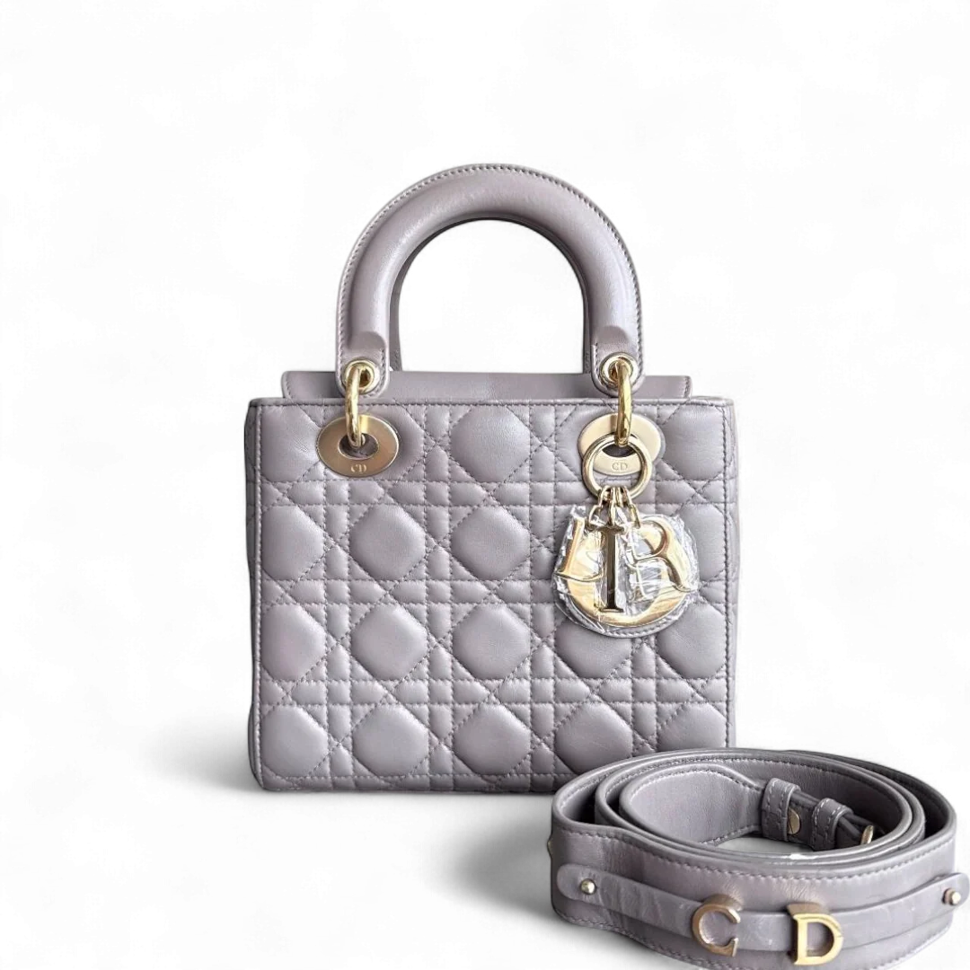 Dior Lady Small Flap - Cannage Lambskin Grey Gray Gold Hardware