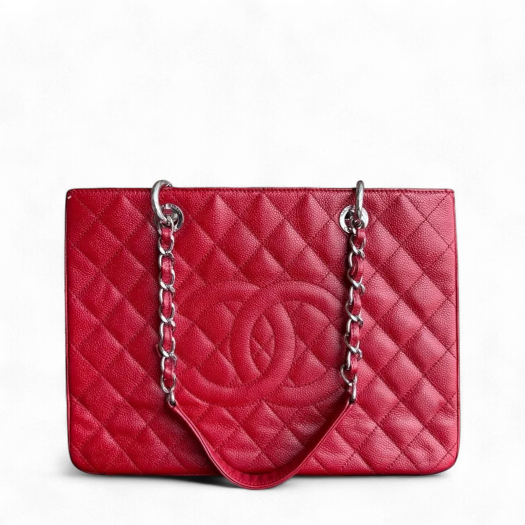 Chanel GST Grand Shopping Tote - Caviar Quilted Grained Calfskin Red Silver Hardware Series 17