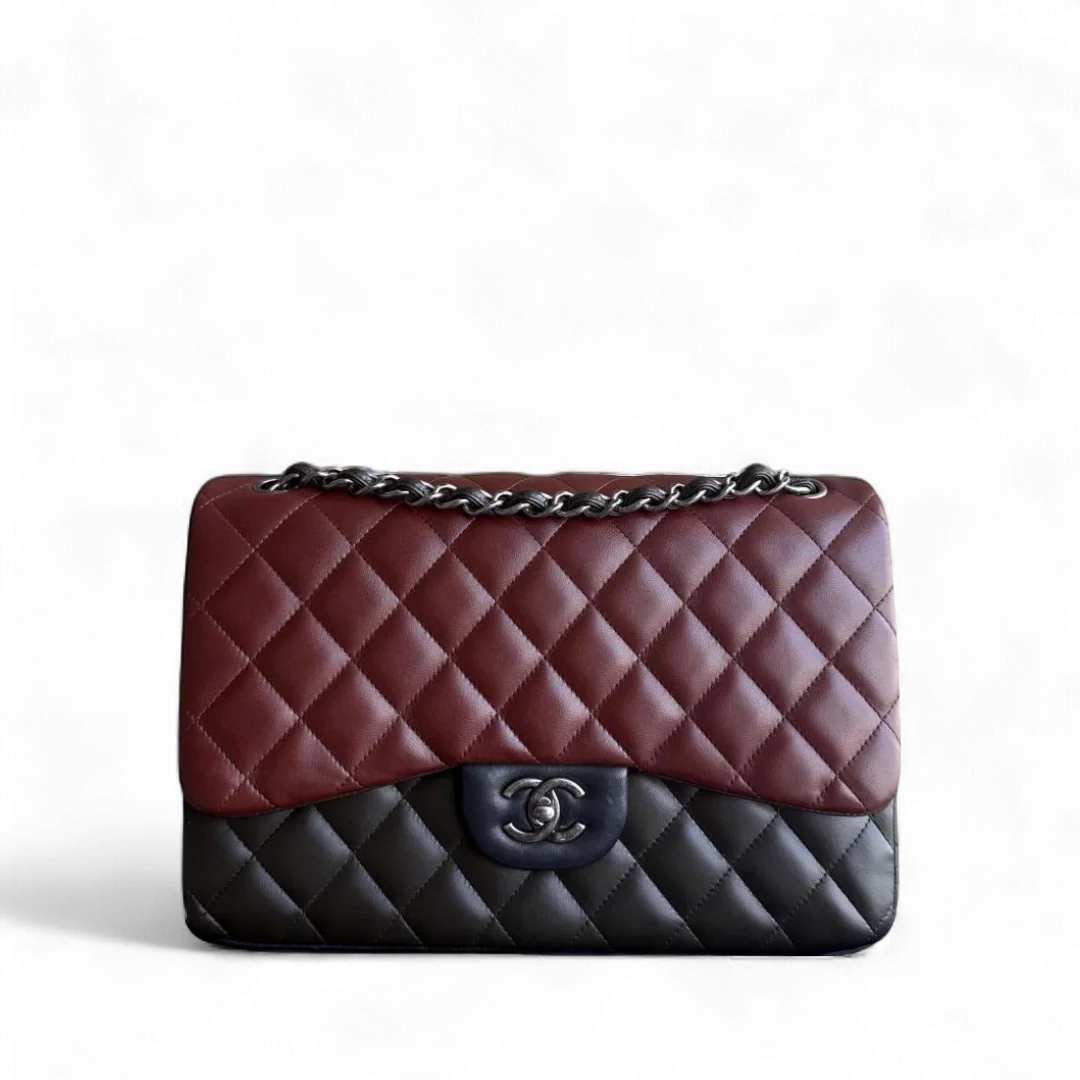 Chanel Classic Flap Jumbo - Quilted Lambskin Bi-Color Burgundy Black Silver Hardware Series 18